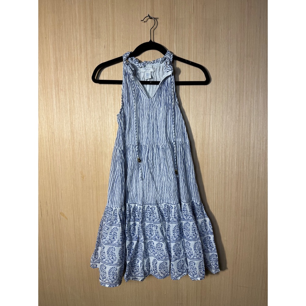 Calypso St Barth Blue White Striped Floral Cotton Tiered Mini Dress XS Smocked